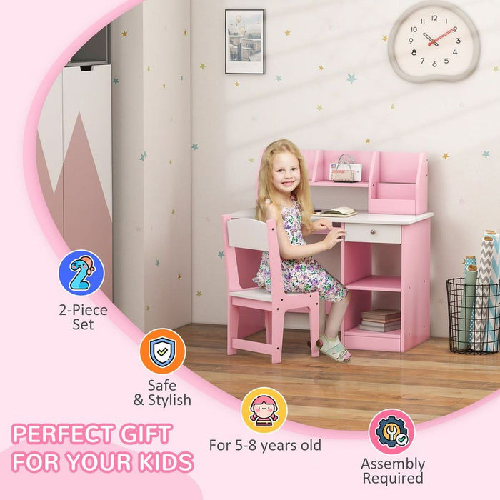 ZONEKIZ Kids Desk and Chair Set with Storage for 5-8 Years, Pink