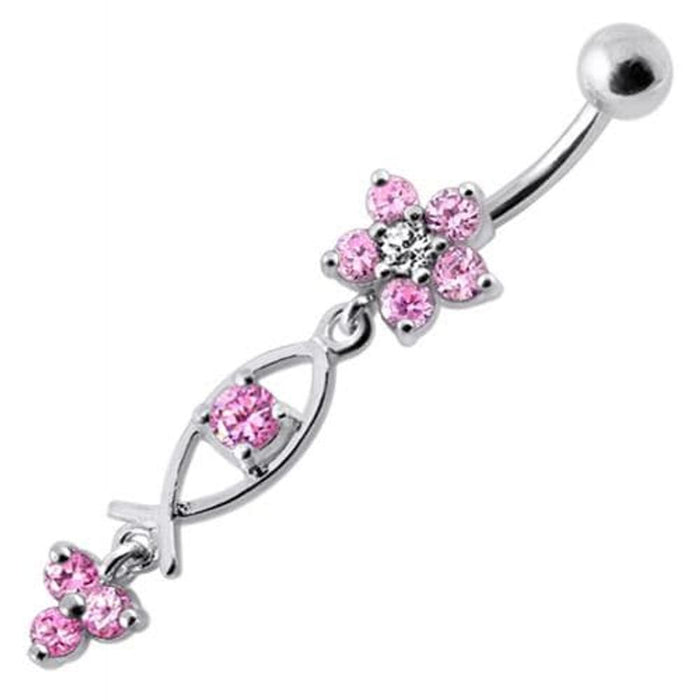 Silver Fancy Jeweled Dangling Flower With SS Banana Bar Navel Ring