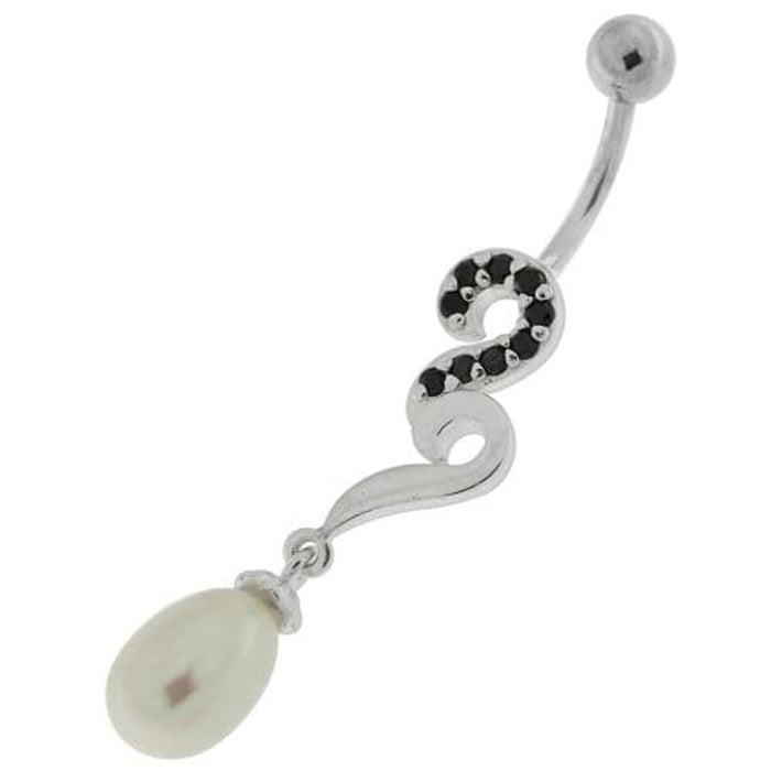 Pearl Jeweled Fancy Silver Dangling Banana Bar Navel Belly Ring