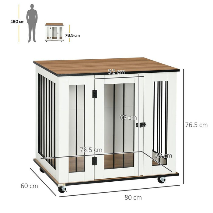 Stylish White Dog Crate Furniture w/ Wheel - 80 x 60 x 76.5cm - Perfect for Medium Dogs - Multipurpose Side Table & Safe Haven