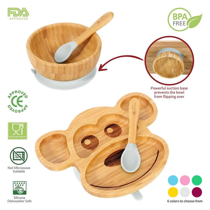 Premium Bamboo Monkey Plate Set – 4-Sectioned Plate, Bowl, & Spoon – Non-slip Base – Food-Grade Silicone – Easy to Clean