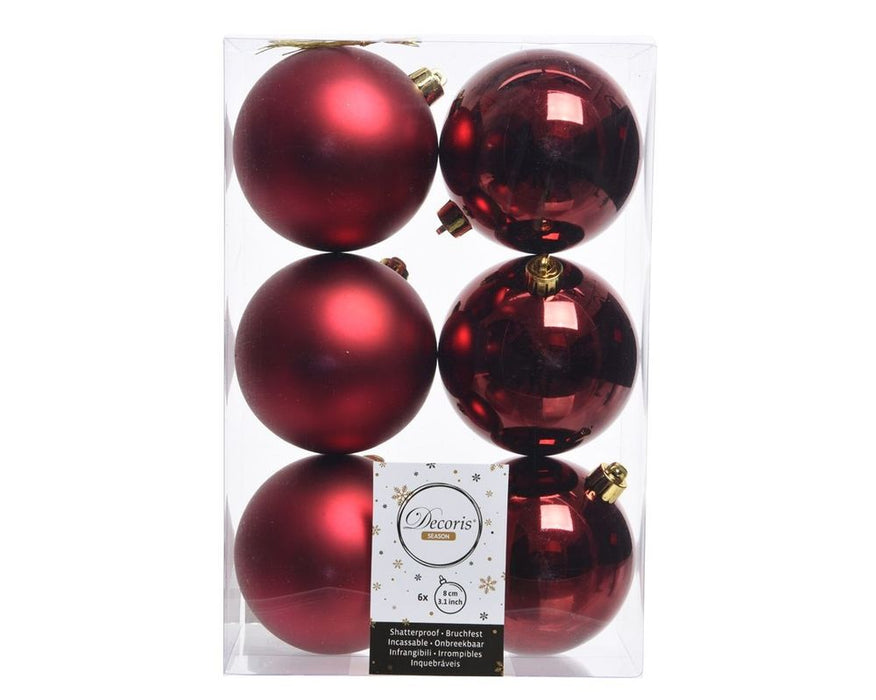 Shatterproof Deep Red Bauble  8cm Pack of 6 - Christmas