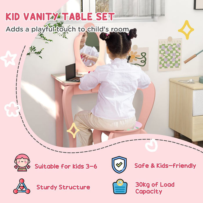 ZONEKIZ Kids Dressing Table with Mirror Stool Drawer, Cute Animal Design, Pink