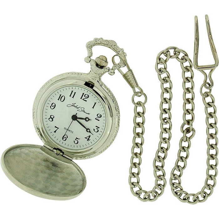 Jakob Strauss Classic Silver Tone & 12 Inch Brass Chain Pocket Watch - CLEARANCE NEEDS RE-BATTERY