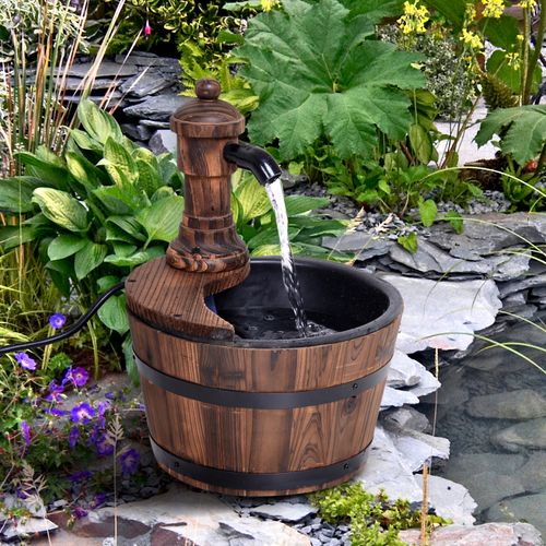 Outsunny Barrel Water Pump Fountain Rustic Wood Electric Water Feature Garden