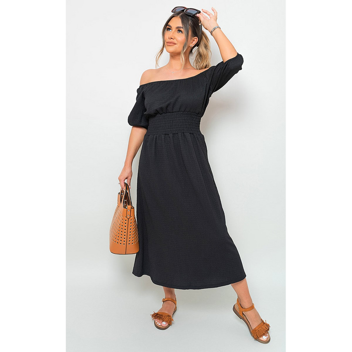 Off Shoulder Shirred Waist Mini Dress: Turn Heads with Effortless Style & Femininity. Perfect for Summer Days/Nights. Various Vibrant Colors. Made from High-Quality Fabric. Dress Up or Down for Endless Possibilities. Be Stylish, Comfortable & Chic.