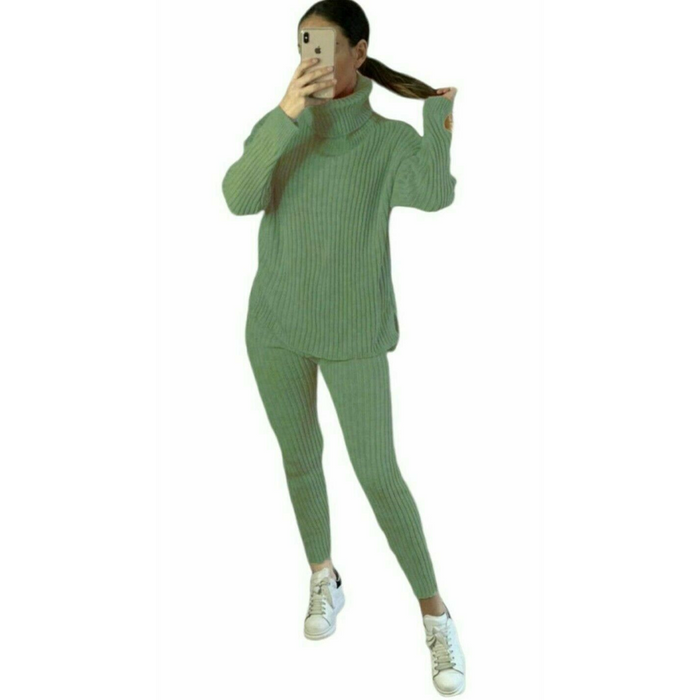 Ladies Chunky Knitted Ribbed Polo High Neck Top Leggings Loungewear Suit Set