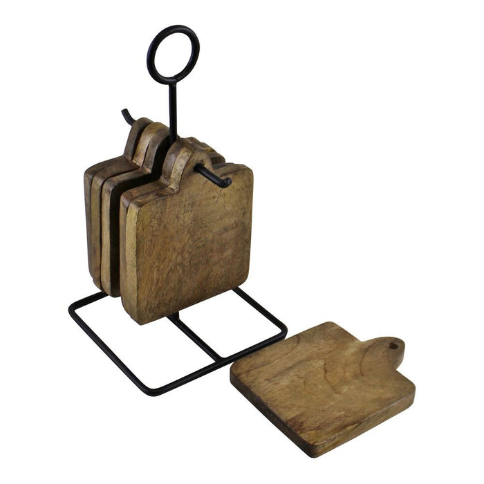 Rustic Set: 6 Mango Wood Coasters on Metal Stand