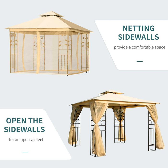 3x3m Double Top Gazebo-Beige. Ideal for parties, weddings, picnics & more. Sturdy, stylish design w/ mesh sidewalls. UV resistant & easy to assemble.