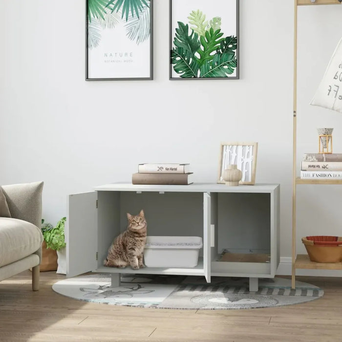 Stylish Grey Cat Box Furniture w/ Scratch, Magnetic Doors - Multipurpose Kitty Enclosure, Easy to Clean - Best Quality!