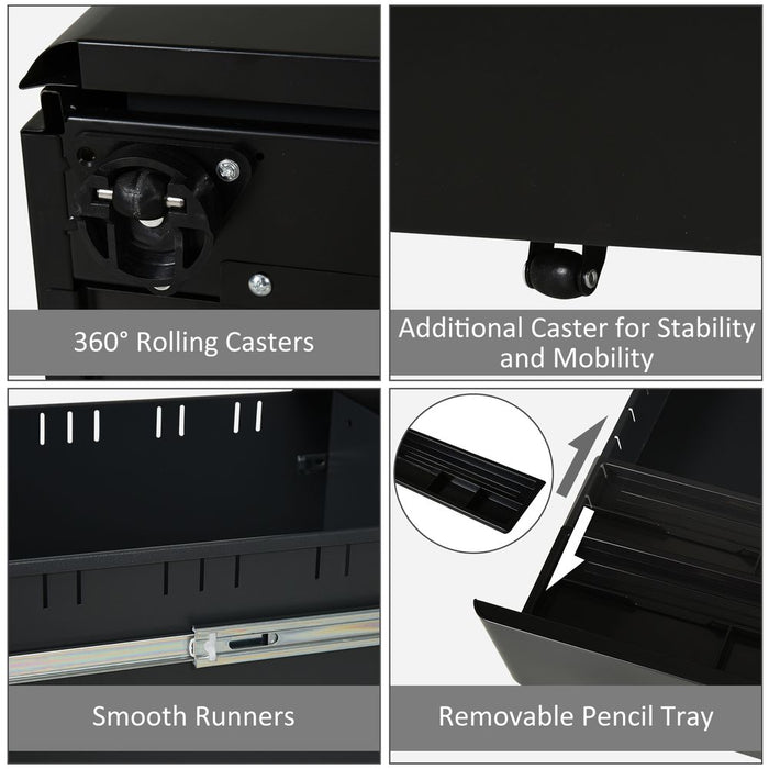 3 Draw Metal Filing Cabinet Lockable 4 Wheel Compact Under Desk Black Vinsetto