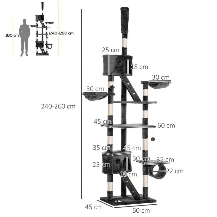 Premium Dark Grey Cat Tree with Scratching Posts - Adjustable 240-260cm Height