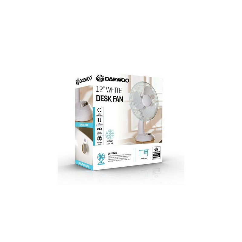 Daewoo 12" White Desk Fan - Stay Cool with Powerful Airflow - 3 Speed Settings - Ideal for Home or Office