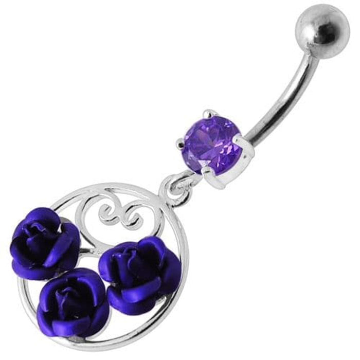 Fancy Multi Jeweled  ROSES Dangling Banana Bar Belly Ring