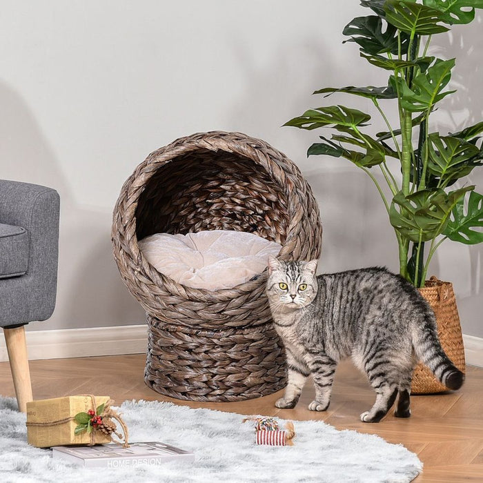 Wicker Cat House, Raised Cat Bed - Brown, 42 x 33 x 52cm. Comfortable, Stable & Durable - Removable/Washable Cushion. Free Air Circulation.