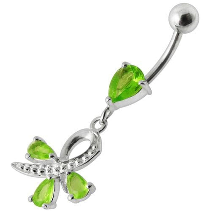 Silver  Pear Jeweled Dangling SS Belly Ring Body Jewelry