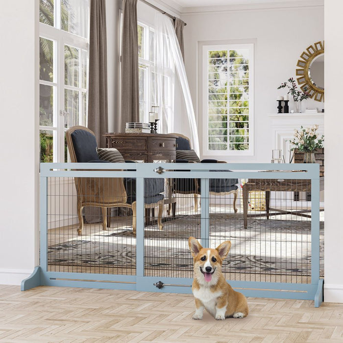 Adjustable Wooden Pet Gate Freestanding Dog Barrier for Doorway, Grey Pawhut