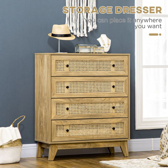 Rattan Chest of Drawers 4-Drawer Dresser Storage Cabinet Bedroom, Wood Effect