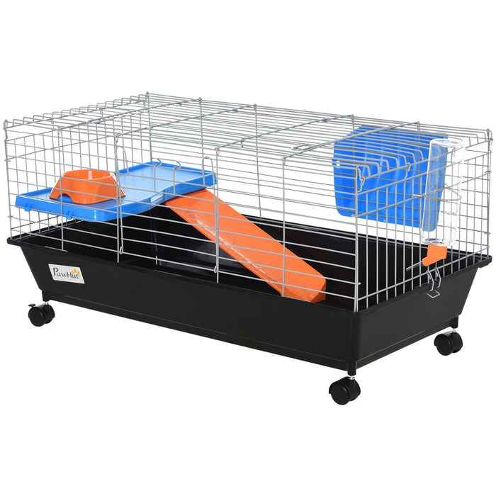 PawHut Small Animal Cage Rabbit Guinea Pigs Chinchillas Cage w/Wheels Water Bottle Food Dish Platform Ramp 89 x 44 x 43 cm Black