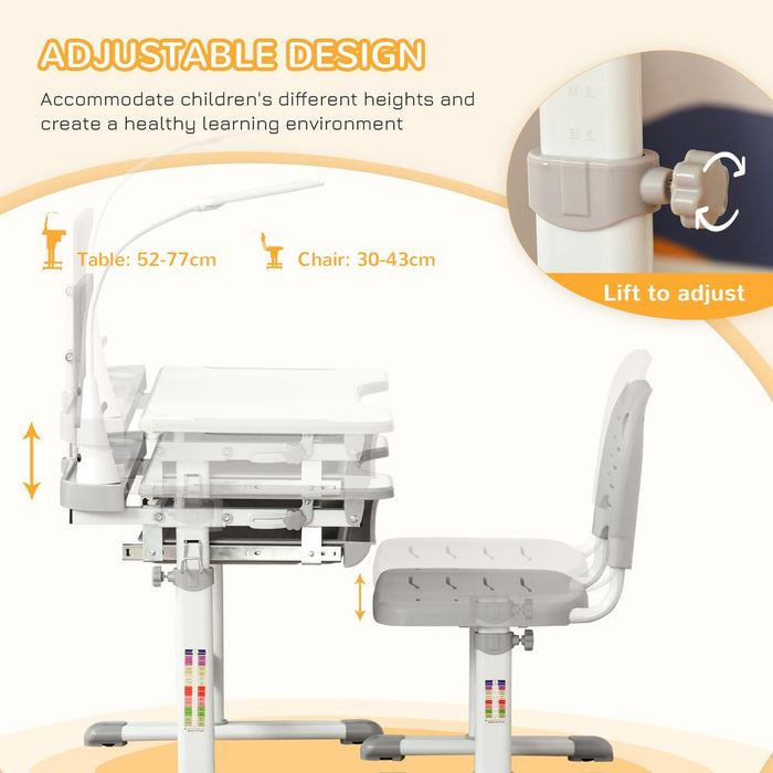 Premium Kids Study Desk Set - Adjustable Height, USB Lamp, Grey