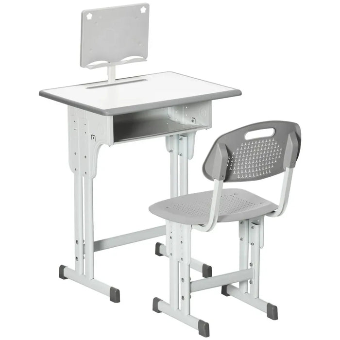 Kids Desk and Chair Set Adjustable Height Study Table w/ Book Stand - Grey