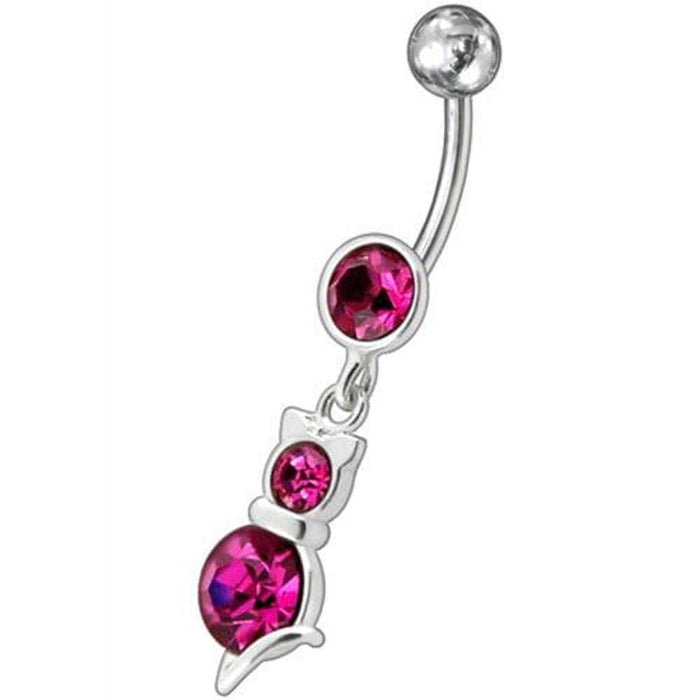 Silver Fancy cat with Single Stone Jeweled Dangling Belly Ring