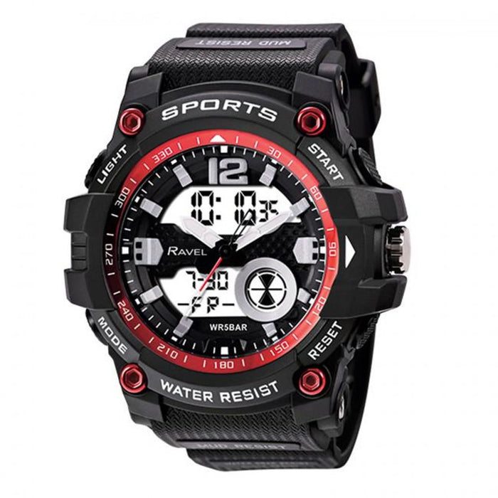 Stylish Ravel Sports Red Digital Watch with Dual Time 5ATM Water Resistance