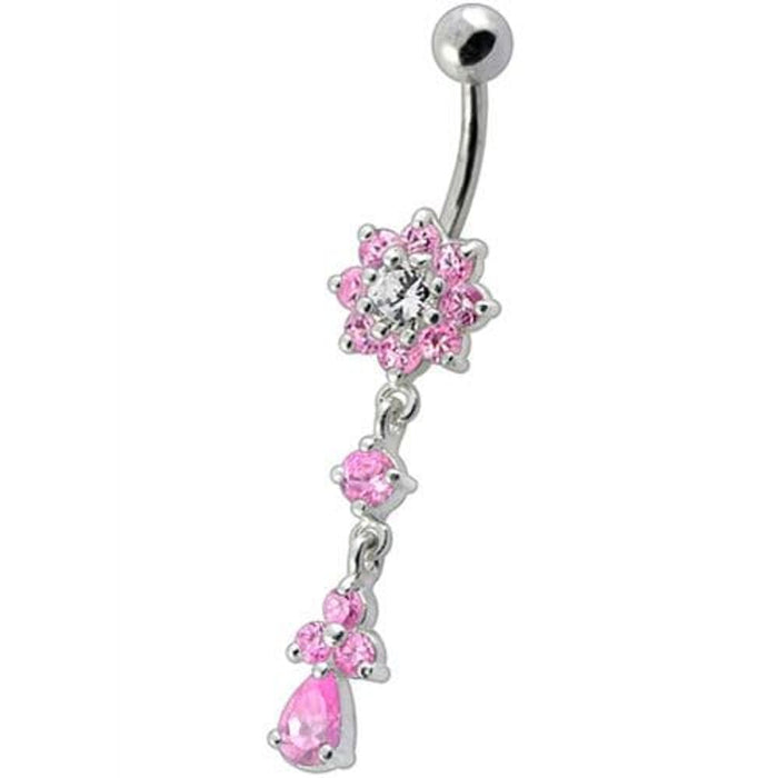 Fancy Jeweled Flower Dangling Curved Bar Belly Ring