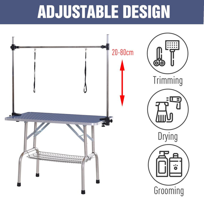 PawHut Metal Adjustable Dog Grooming Table Rubber Top 2 Safety Slings Mesh Blue