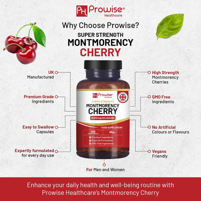 Super Strength Montmorency Cherry 6400mg - 200 Capsules - Natural Cherry Extract Supplement for Men & Women