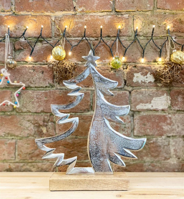 Contemporary Silver Metal Tree On Wood Base