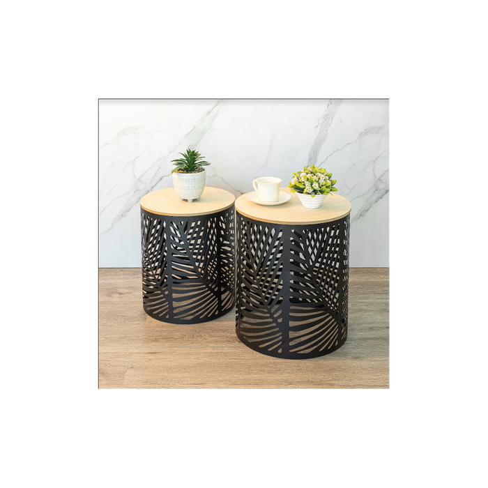 Premium Leaf Cut Basket Table Set - SLENDER - 2-Pack | Professional Quality | Iron + MDF | Classic Black