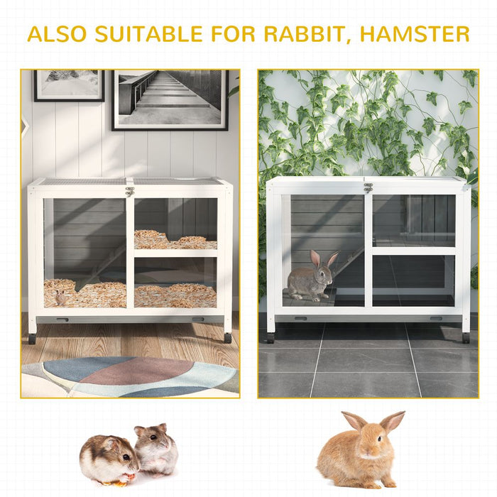 PawHut Rabbit Hutch Indoor Wooden Guinea Pig House Hamster Cage with Wheels, 2 Layers Bunny Cage with Openable Roof, 91.5 x 53.3 x 73 cm, Brown