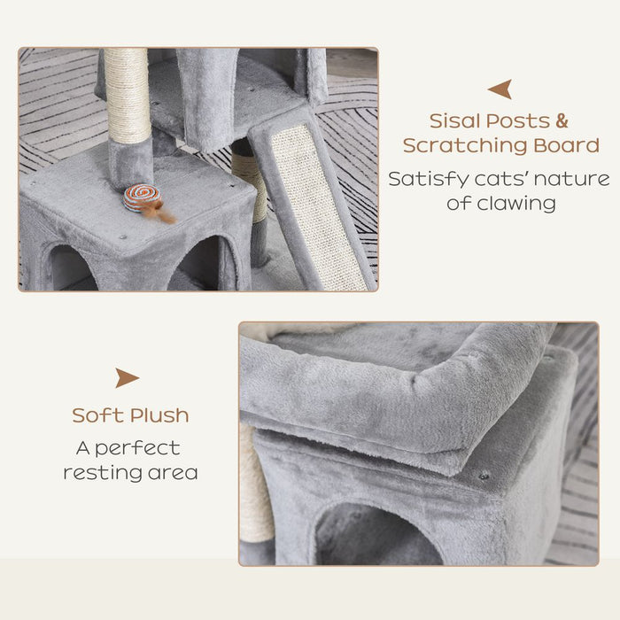 Premium Cat Activity Tree: Rest, Play & Scratch - 2 House Cushion Perch Post - Grey