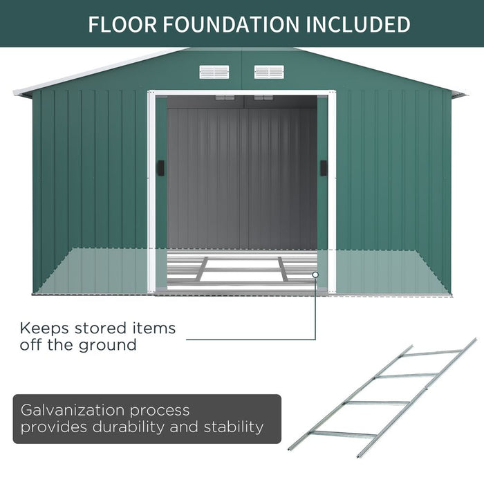 Durable Green Metal Storage Shed with Vent & Doors - 13ft x 11ft