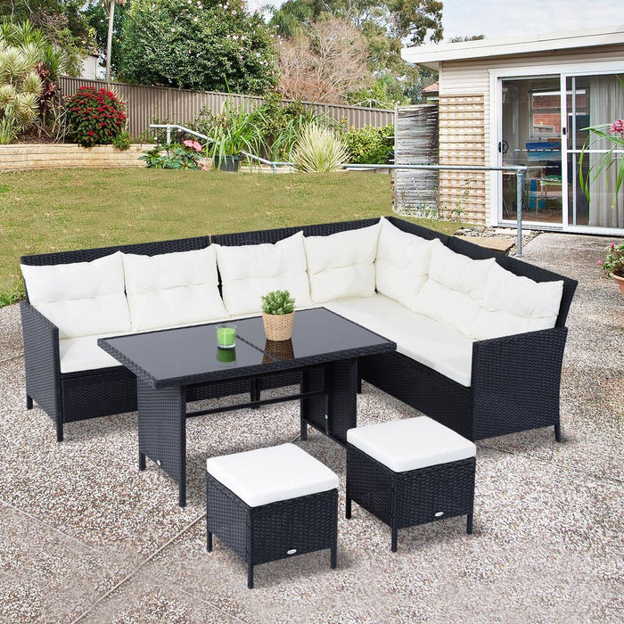 6PC Garden Rattan Corner Dining Sofa - 7-Seater Wicker Table & Stool