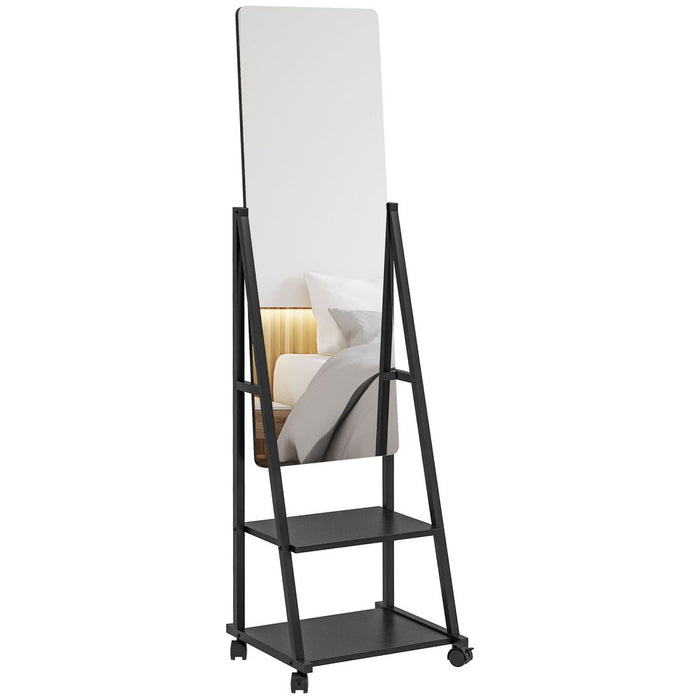 HOMCOM Movable Full Length Mirror with 2 Shelves - Adjustable, Full Body Reflection