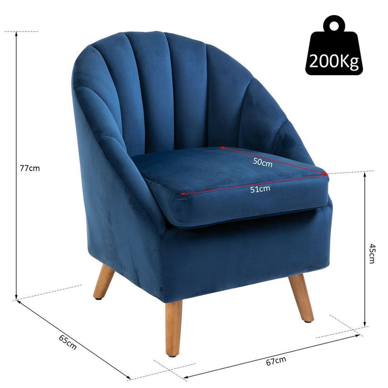 HOMCOM Velvet Fabric Single Sofa Accent Chair Solid Wood Leg Upholstered Blue