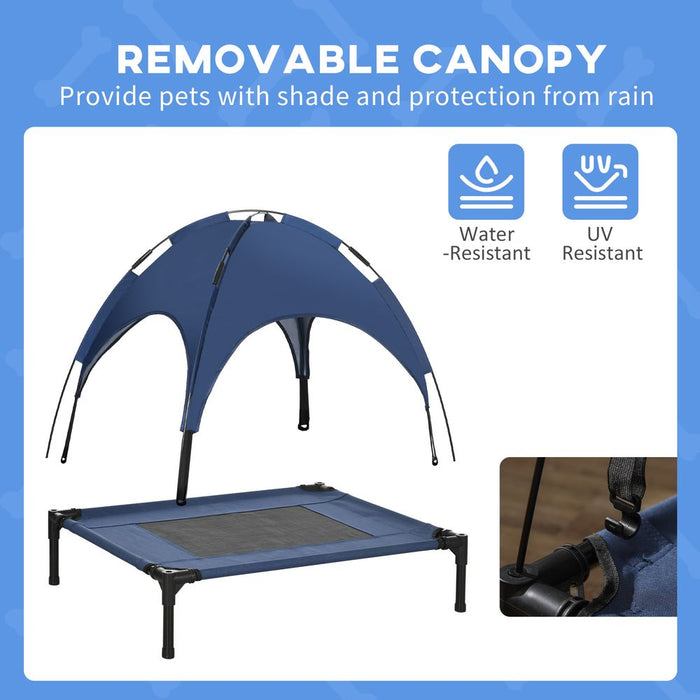 PawHut 76cm Elevated Dog Bed - Cooling Raised Pet Cot with UV Protection Canopy - Blue