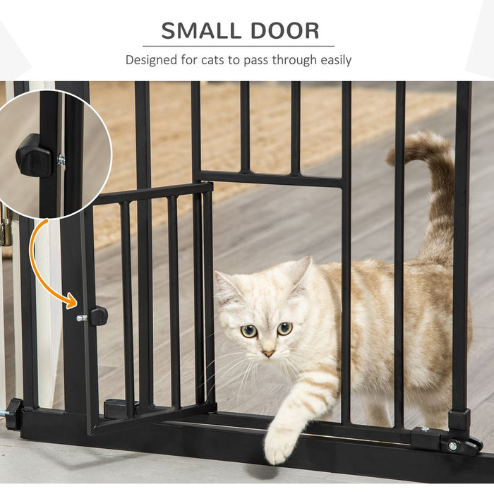 PawHut Extra Tall Dog Gate with Cat Flap, Pet Safety Gate for Doorways Stairs with Auto Close Double Locking, 104 cm Tall 74-80 cm Wide, Black