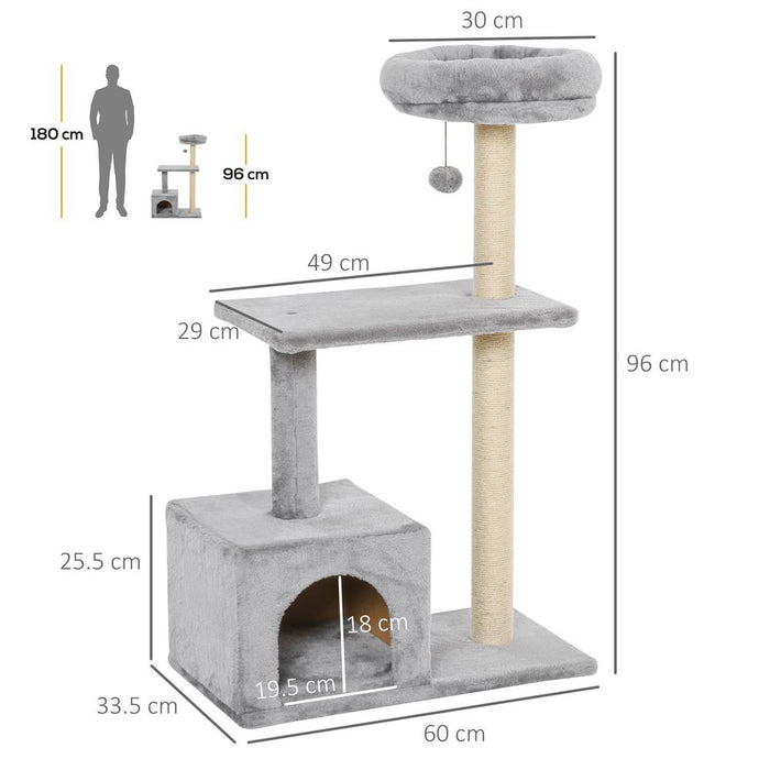 PawHut 96cm Cat Tree Condo Sisal Scratching Post Cat Tower Kitten Play House Dangling Ball Activity Center Furniture Grey