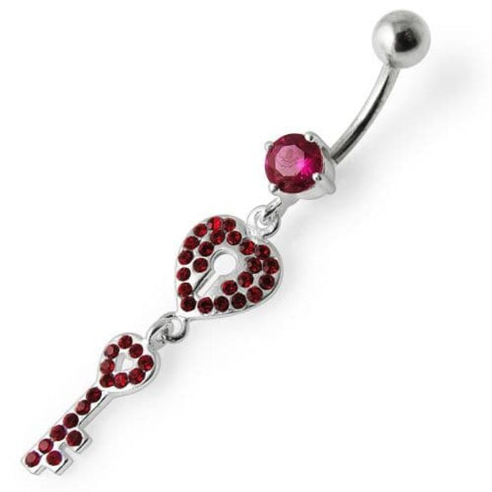 Fancy Jeweled Hear Key Dangling Navel Ring