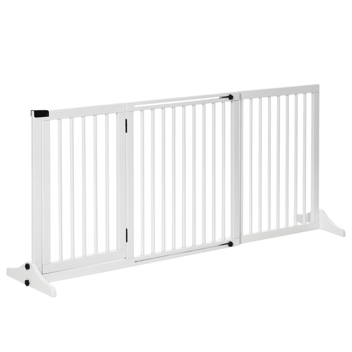 PawHut Adjustable Wooden Pet Gate Freestanding Dog Barrier Fence Doorway 3 Panels Safety Gate w/Lockable Door White 71H x 113-166W cm