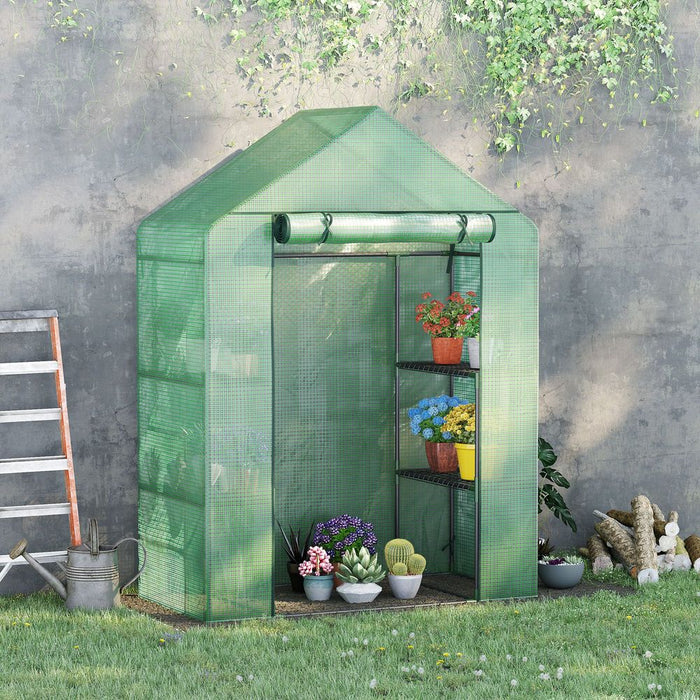 Portable Walk-In Greenhouse: 2-Tier Shelf, Roll-Up Door, PE Cover, 141x72x191cm, Green