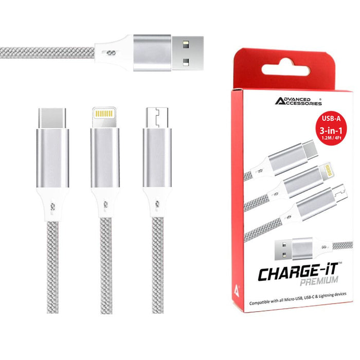 AA CHARGE-iT Premium 3in1 USB Cable - 8 Pin/USB-C/MicroUSB - Universal Charging - Reversible Connectors