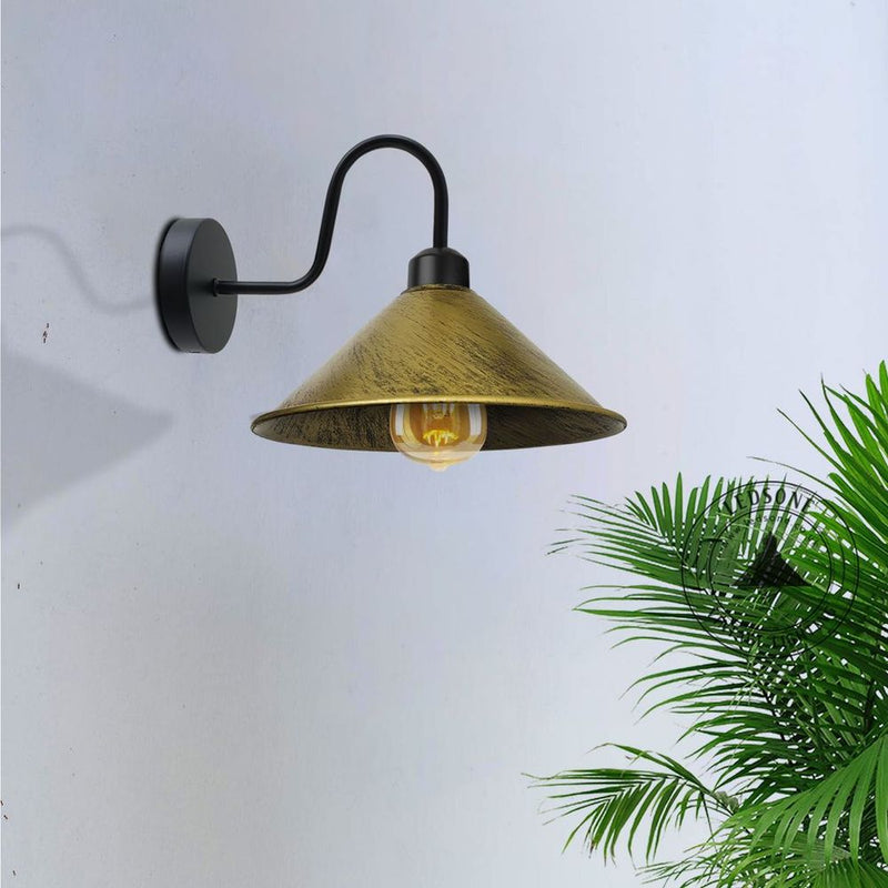 Vintage Brass Wall Sconce, Black Cone Shape Shade, E27 Base, Dimmable, Retro Design, Indoor Lighting