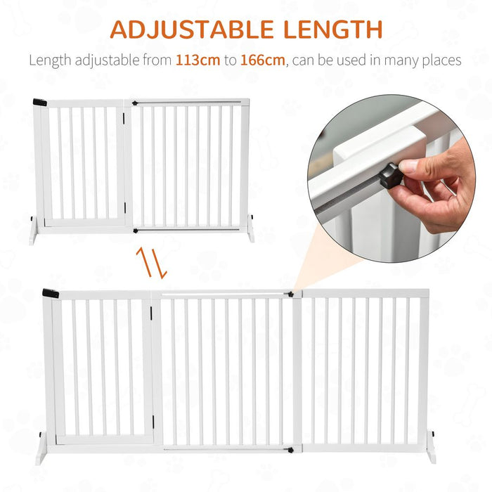 PawHut Adjustable Wooden Pet Gate Freestanding Dog Barrier Fence Doorway 3 Panels Safety Gate w/Lockable Door White 71H x 113-166W cm