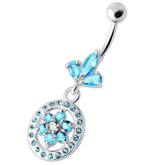 Flower in multi Jeweled Round Frame Navel Bar