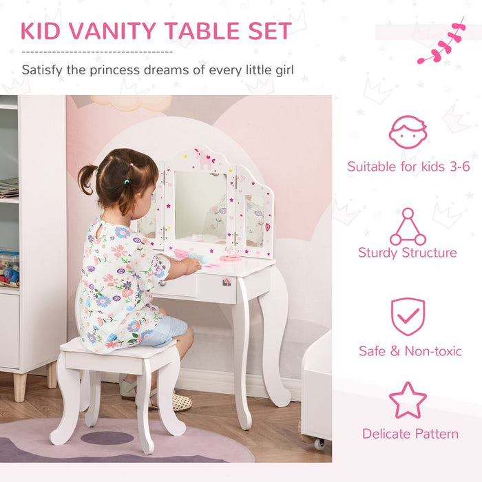 HOMCOM Kids Vanity Table & Stool Girls Dressing Set Make Up Desk Chair Dresser Play Set with Rotatable Mirrors Drawer Star & Heart Pattern White E