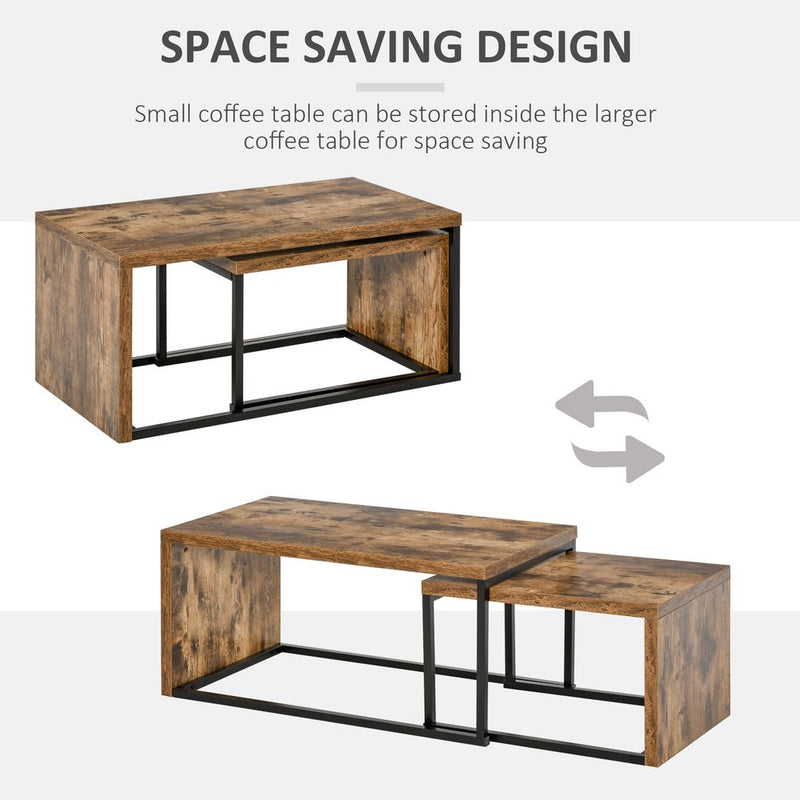 HOMCOM Coffee Tables Nesting Table Set of 2 Side Table w/Metal Frame for Living Room Bedroom Black & Brown